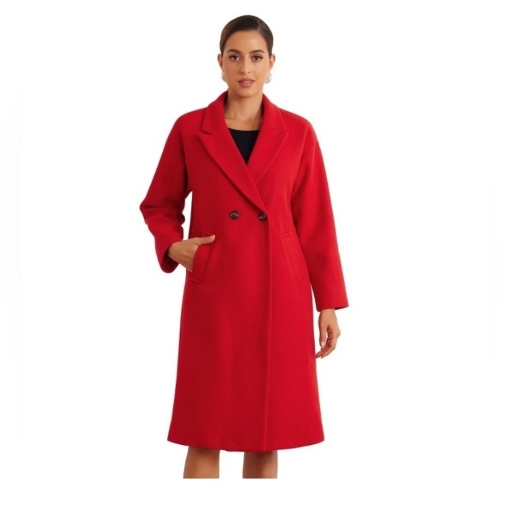 Allegra K Women's Winter Notch Lapel Double-Breasted Mid-Length Long Coat Red